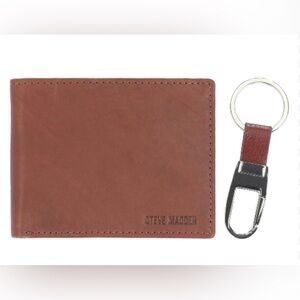 NIB Steve Madden Brown Genuine Leather Wallet with Key FOB Gift Set•RFID Tech